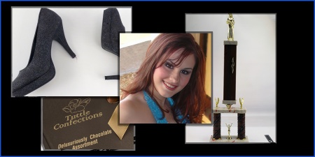 Women's high-heeled shoes, a box of candy, and a trophy with a smiling woman in an evening gown in the foreground