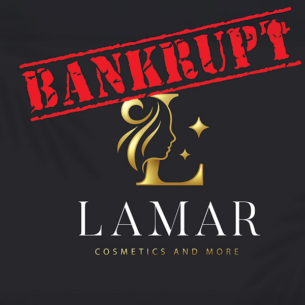 Lamar Cosmetics logo covered by a Bankruptcy stamp
