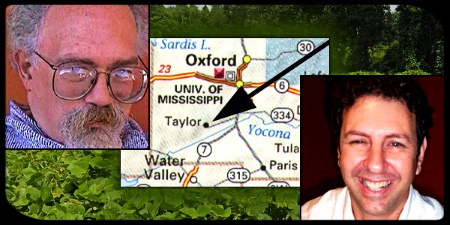 Photo of Roy Strong and JC Strong, a map showing Taylor, MS, and kudzu in the background