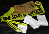 crime scene tape, evidence labels, toe tags