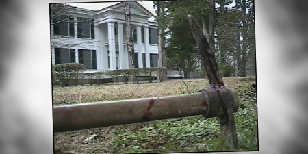 Close-up of a pickaxe with Rowan Oak in the background