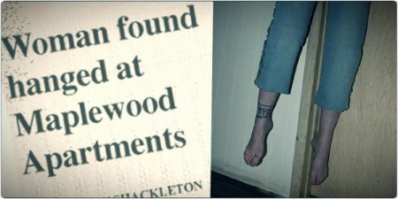 Newspaper headline alongside a photo of a woman's feet and legs dangling above the floor