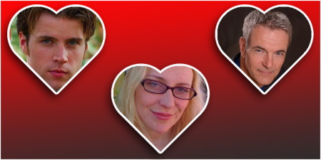 Faces of a young brown-haired man, young blonde woman, and older gray-haired man each in heart-shaped frames on a red background
