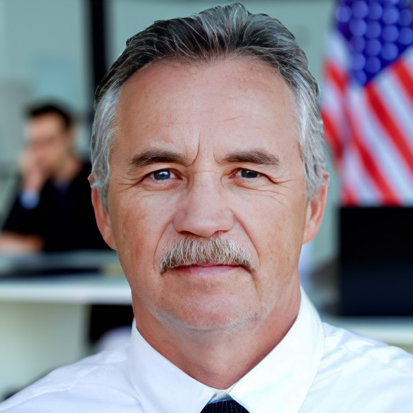 Older man with dark hair, gray at the temples, and a salt-and-pepper mustache