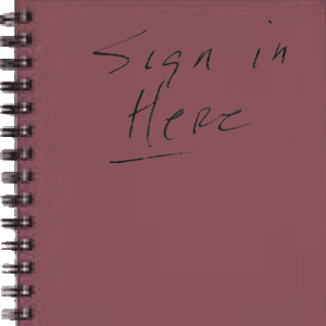 Photo of spiral-bound notebook with "Sign in here" written on the cover