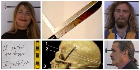 Collage of a blonde woman, a bloody machete, a long-haired man, a handwritten note, a skull injury diagram, and an older man