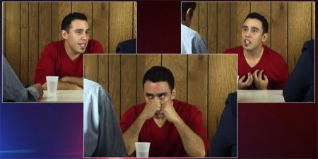 Collage of a man with dark hair and a red shirt in different emotional moments