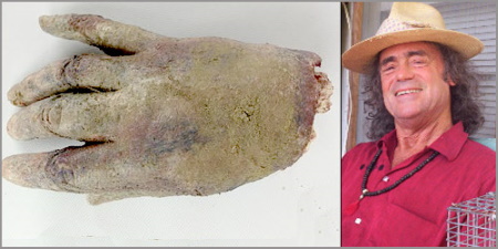 Close-up photo of alleged severed human hand alongside a photo of a man in a straw hat and red shirt