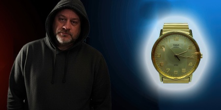 Man in a hoodie alongside an inset photo of a gold wristwatch