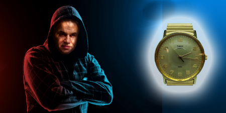 Man in a hoodie with police lights in the background and a wristwatch in the foreground