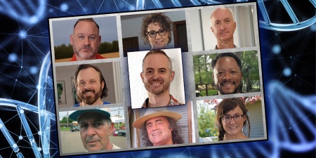 Collage of suspects' photos on a DNA helix background