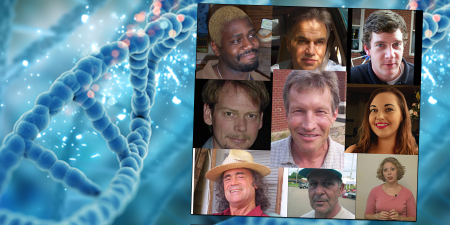 Collage of suspects' photos on a DNA helix background