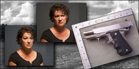 Photos of a woman with curly dark hair and glasses alongside a photo of a pistol with a cotton field in the background