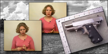 Photos of a woman with short blonde hair alongside a photo of a pistol with a field in the background