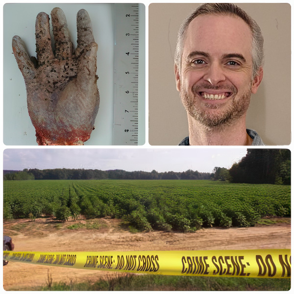 collage with the severed hand in the upper left, Andrew Fine in the upper right, and the cotton field where his body was found across the bottom