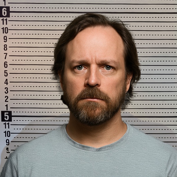 Unsmiling man with dark hair and facial hair, in front of a height chart