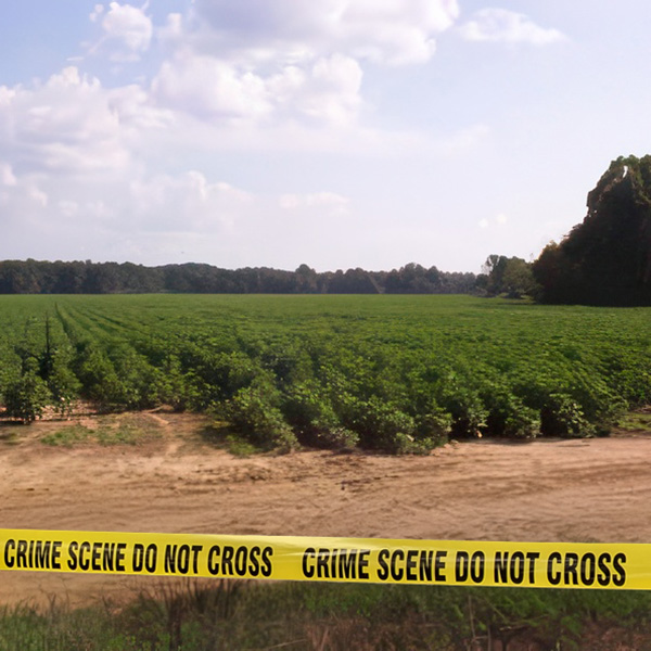 A cotton field with crime scene tape in front of it