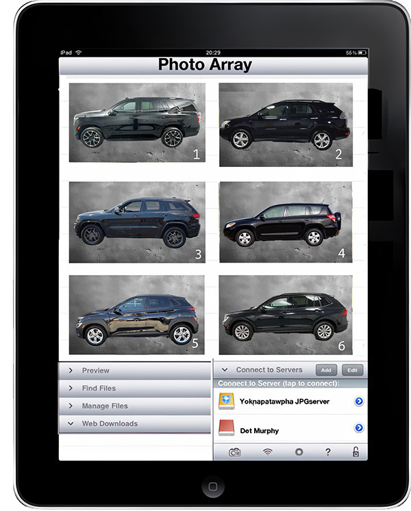 Photo array of six dark-colored SUVs on a tablet