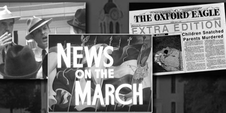 Collage of a press conference, a newspaper headline and the title card from a newsreel reading "News on the March"