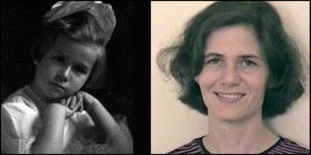 Old photo of a little girl with short dark hair alongside a photo of an adult woman with  short, dark, wavy hair