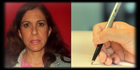 Photo of a woman with long dark hair alongside a photo of a hand writing with a pen