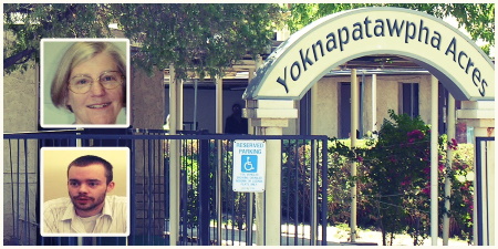 The Yoknapatawpha Acres entrance with inset photos of a woman with a short blonde bob and a man with short brown hair, mustache and beard