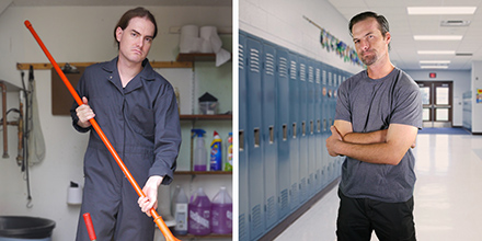 A man in coveralls holding a mop, standing in a janitor's closet, and a man with arms folded standing in a school hallway lined with lockers