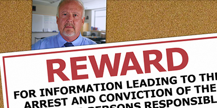 Excerpt of a reward poster along with a photo of a man with gray hair, mustache, and goatee on a bulletin board