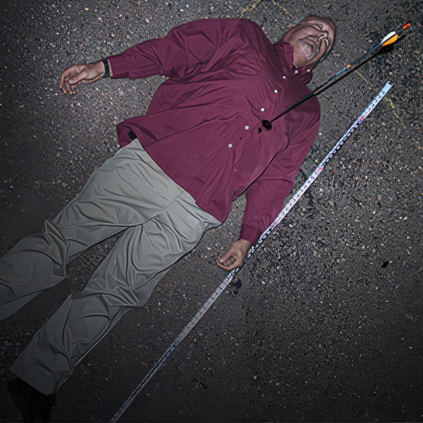 Man lying on his back in a parking lot with an arrow sticking out of his chest