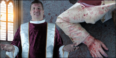 Man in a minister's robe alongside a photo of a man's blood-spattered arm and the floor it's resting on