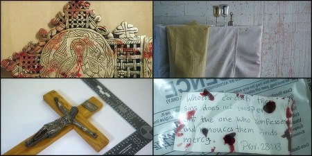Photos showing the end of a bloody metal cross, a blood-spattered altar, a wooden crucifix, and a blood-stained note
