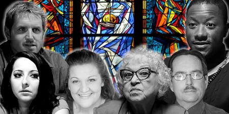 Six men and women with potential motives to kill Pastor Martinson with stained glass windows in the background