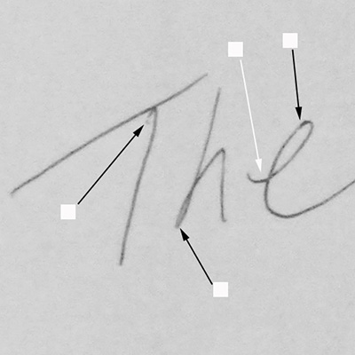 Photo of questioned document examination marks on handwritten evidence