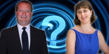 Smiling man with thinning hair alongside a smiling woman with a dark bob haircut and a question mark between them