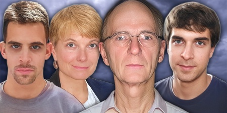 Dark-haired man with a goatee, a woman with a blonde pixie cut, and balding older man with glasses alongside a man with dark hair and eyebrows