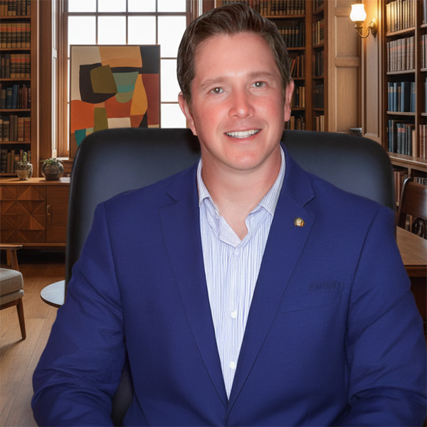 Serious man with short brown hair in a law office