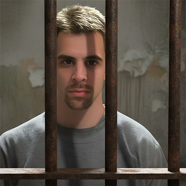 Dark-haired man with a mustache and goatee behind prison bars