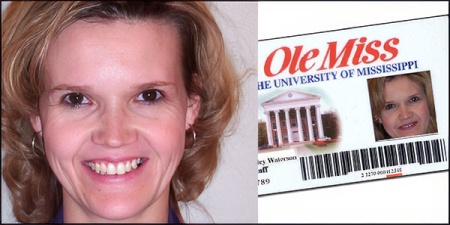 Smiling blonde woman alongside her Ole Miss ID