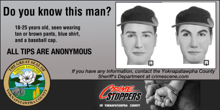 Crime Stoppers graphic with two composite images of a man, seeking the public's help to ID him