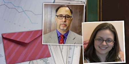 Serious older man alongside a smiling brunette woman with an envelope and papers in the background