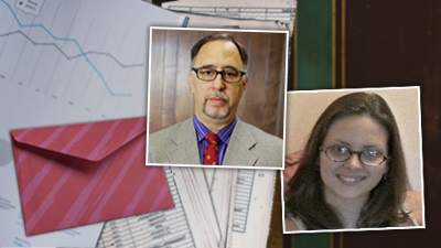 Serious older man alongside a smiling brunette woman with an envelope and papers in the background