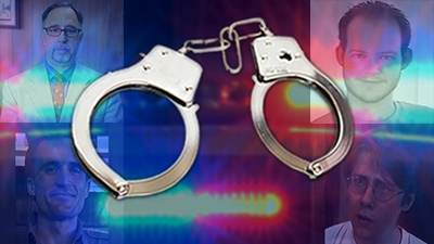 Handcuffs with police lights and an array of suspects in Wendy's murder in the background