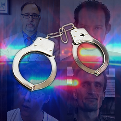 Handcuffs with police lights and an array of suspects in Wendy's murder in the background