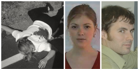 Collage of a woman dead on the roadside, the same woman alive and a dark-haired man looking back at her