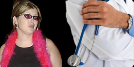 Zoe in sunglasses and a feather boa alongside her anonymous doctor lover