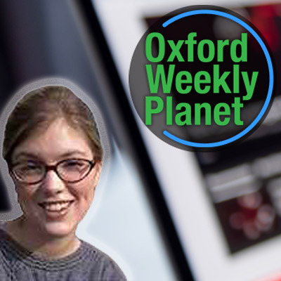 Smiling woman with blonde hair pulled back and glasses alongside the Oxford Weekly Planet logo