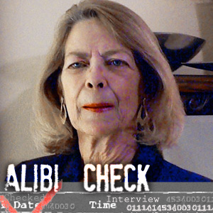 Fashionable older woman with blonde hair with the label "Alibi Check"