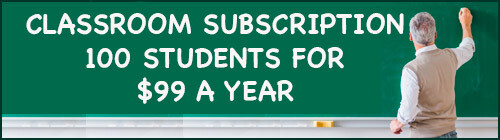 Teacher at a chalkboard with the message 'Classroom Subscription: 100 students for $99 a year'