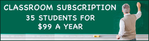 Teacher at a chalkboard with the message 'Classroom Subscription: 35 students for $99 a year'