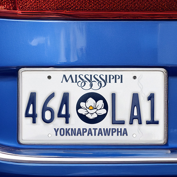 Yoknapatawpha County, Mississippi license plate on the back of a blue vehicle